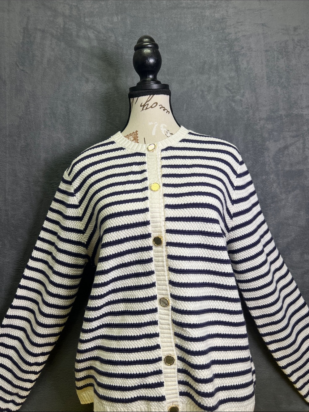 Navy & White Striped Button-Front Cardigan Sweater